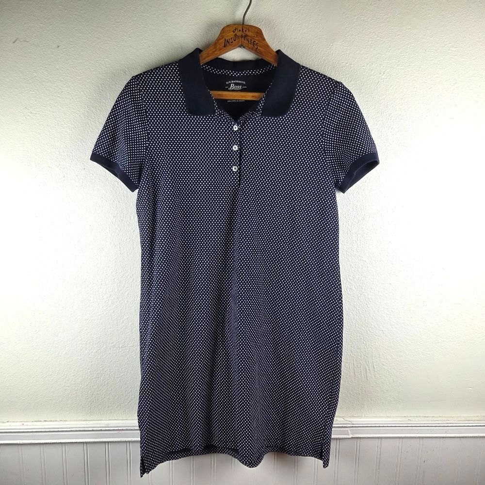 Women's G.H. Bass Navy Polka Dot Polo Stretchy Knee Length Dress Size Large